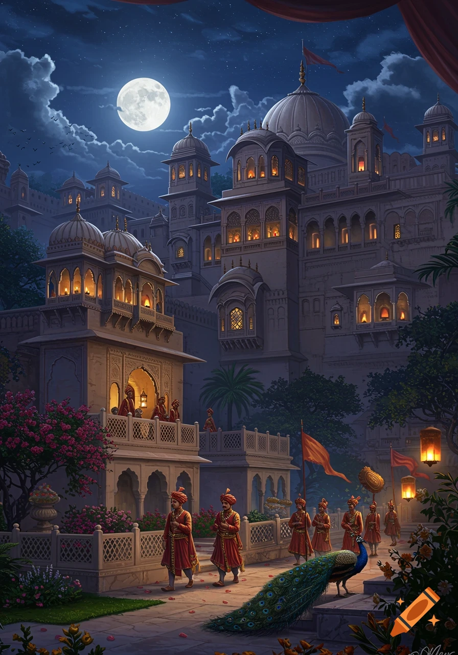 An ornate Indian palace at night under a full moon, with people in traditional attire and a peacock in the courtyard. Detailed fantasy art.
