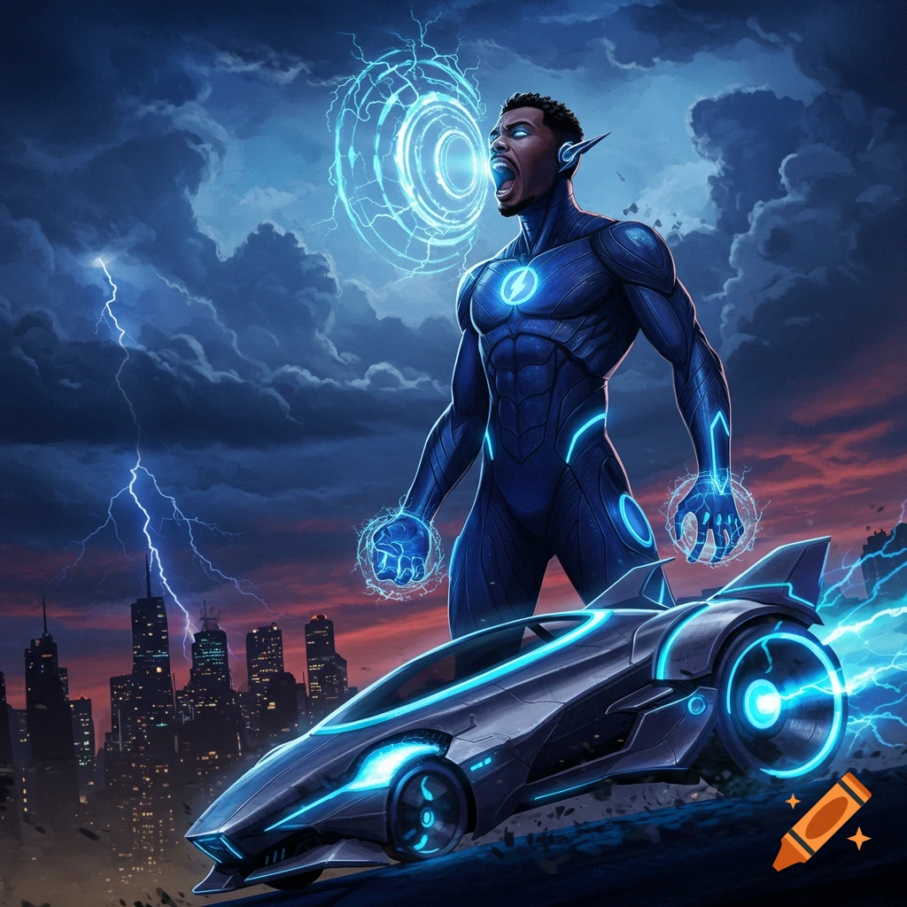A muscular Black superhero in a glowing blue suit emits energy, standing by a futuristic blue vehicle under a lightning-filled sky over a city.