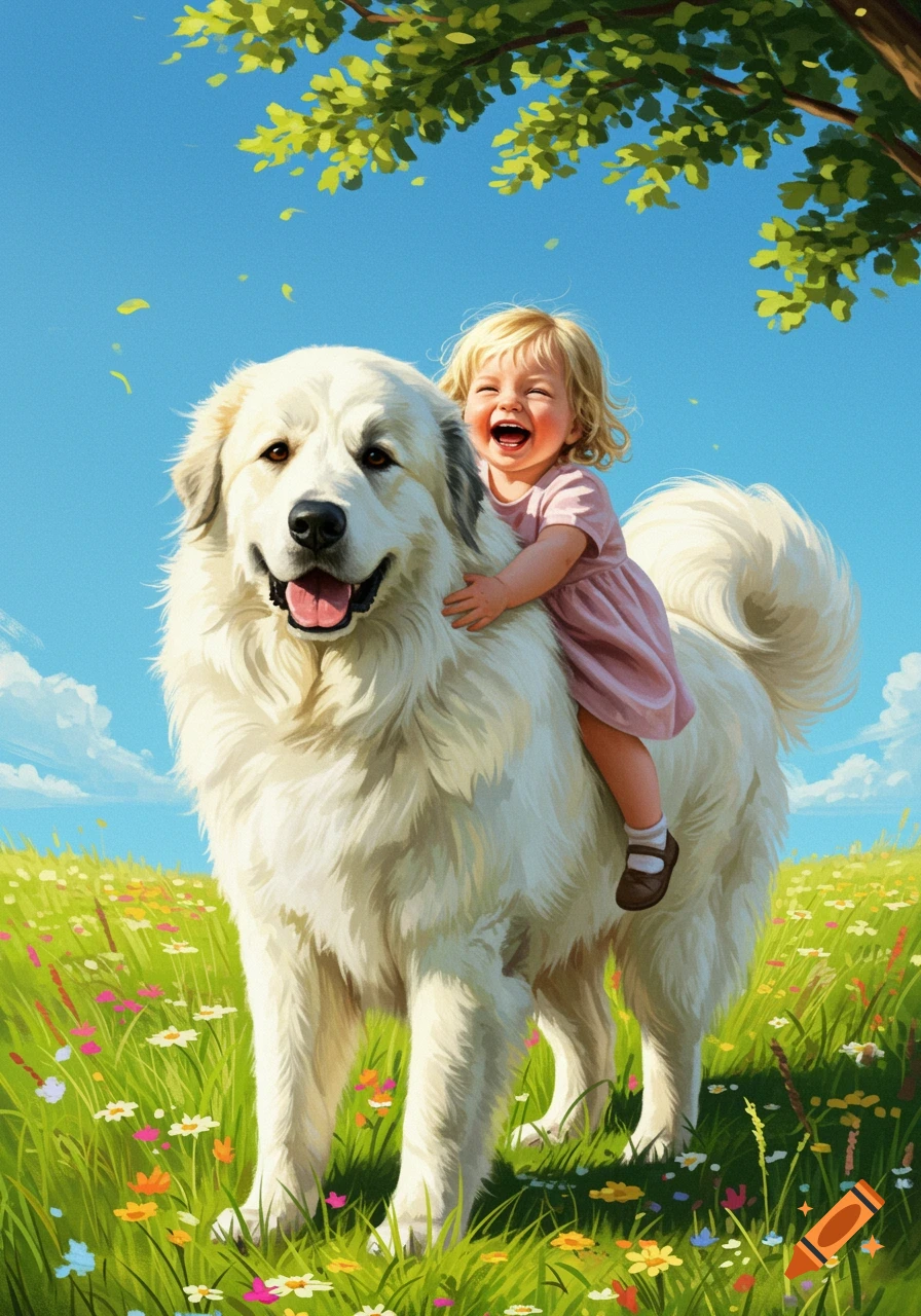 A joyful toddler girl in a pink dress rides a large white Great Pyrenees dog through a field of wildflowers under a blue sky.