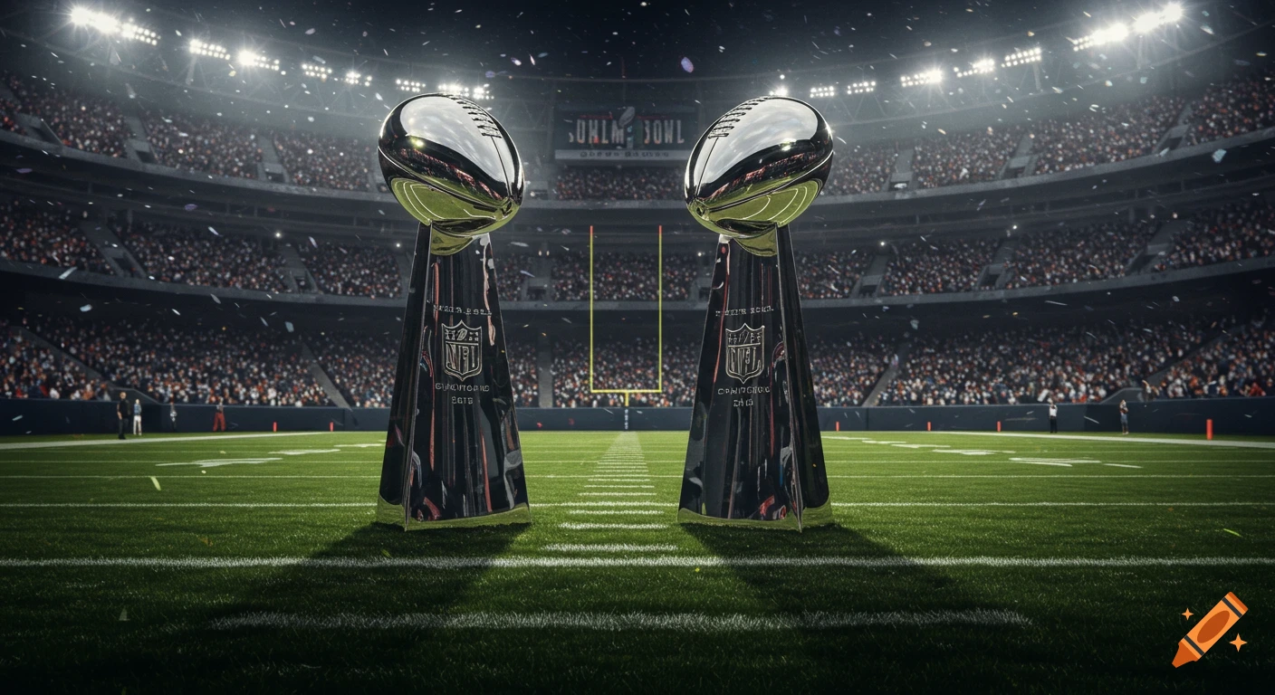 Two football championship trophies stand on a field in a large, crowded stadium under bright lights.