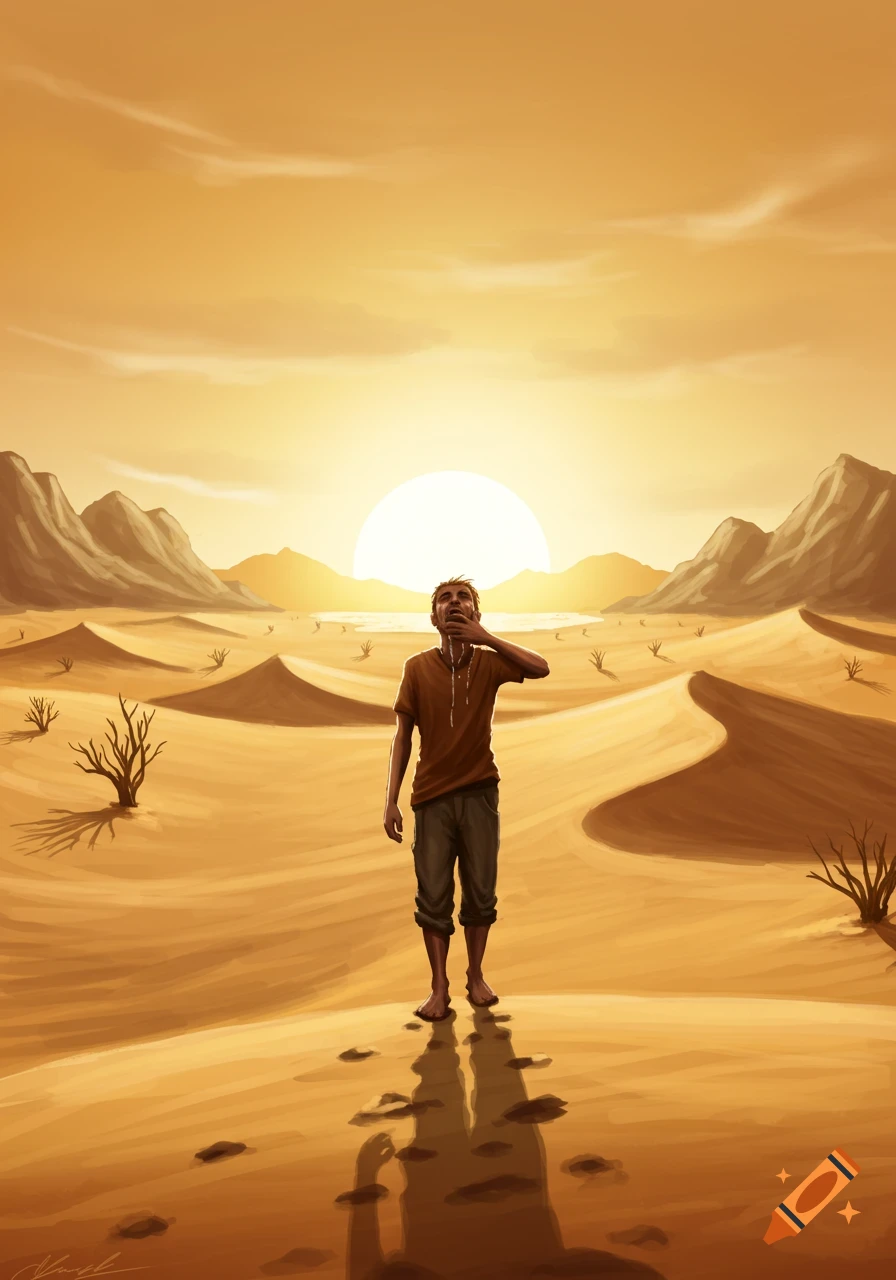 A distressed man stands barefoot in a vast, sunny desert landscape with sand dunes and mountains, looking up at the large sun.