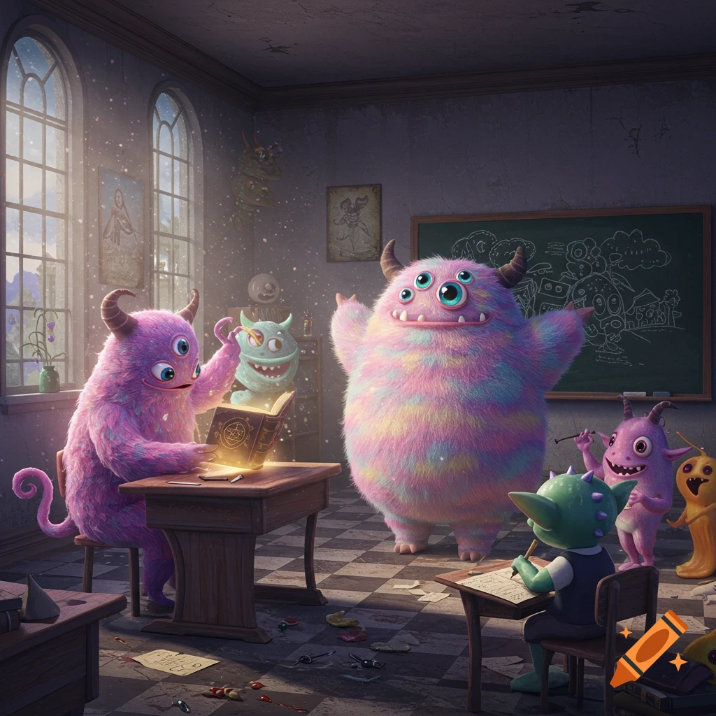 Colorful fluffy monsters are in a magical classroom, one reading a glowing book while others learn and watch.