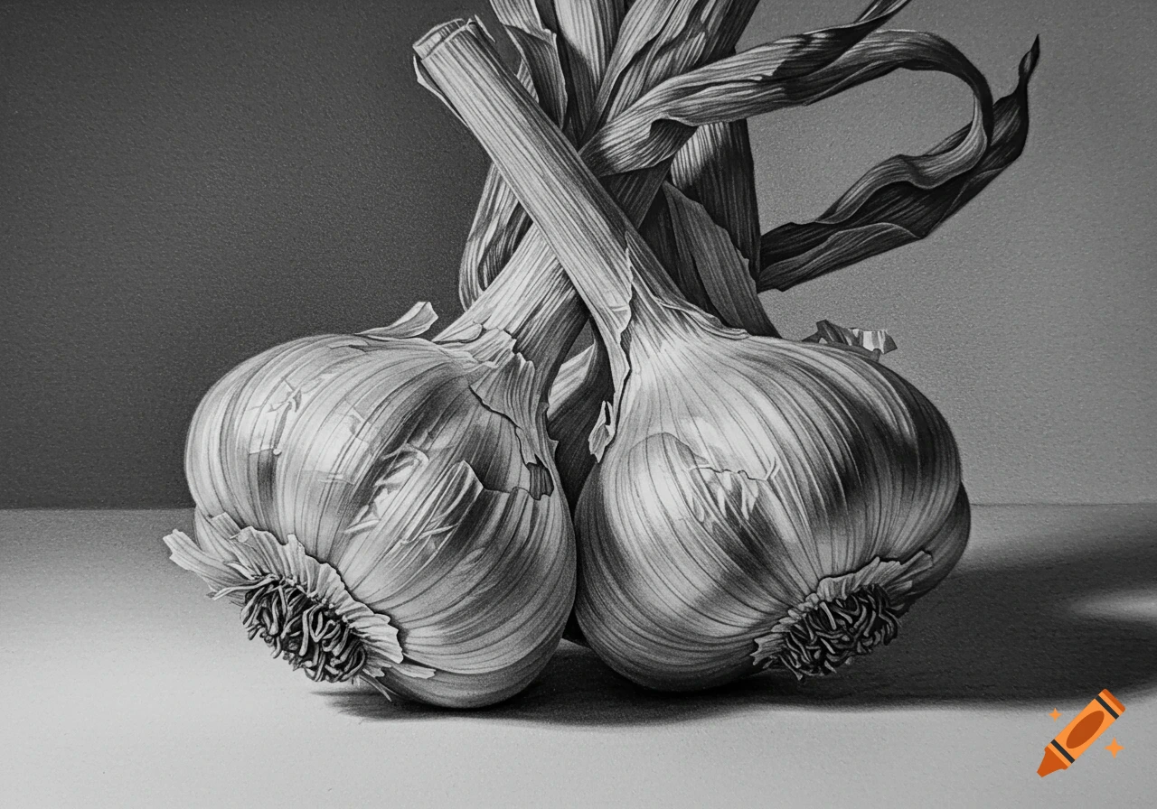 A detailed black and white drawing of two garlic bulbs with their stalks crossed.