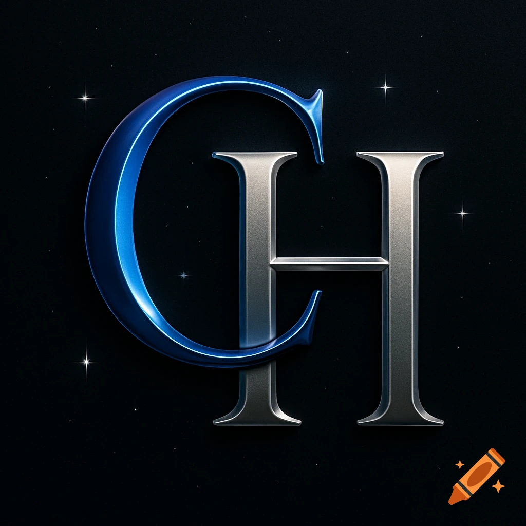 Stylized blue metallic capital letter C intertwining with a silver metallic capital letter H on a dark starry background.