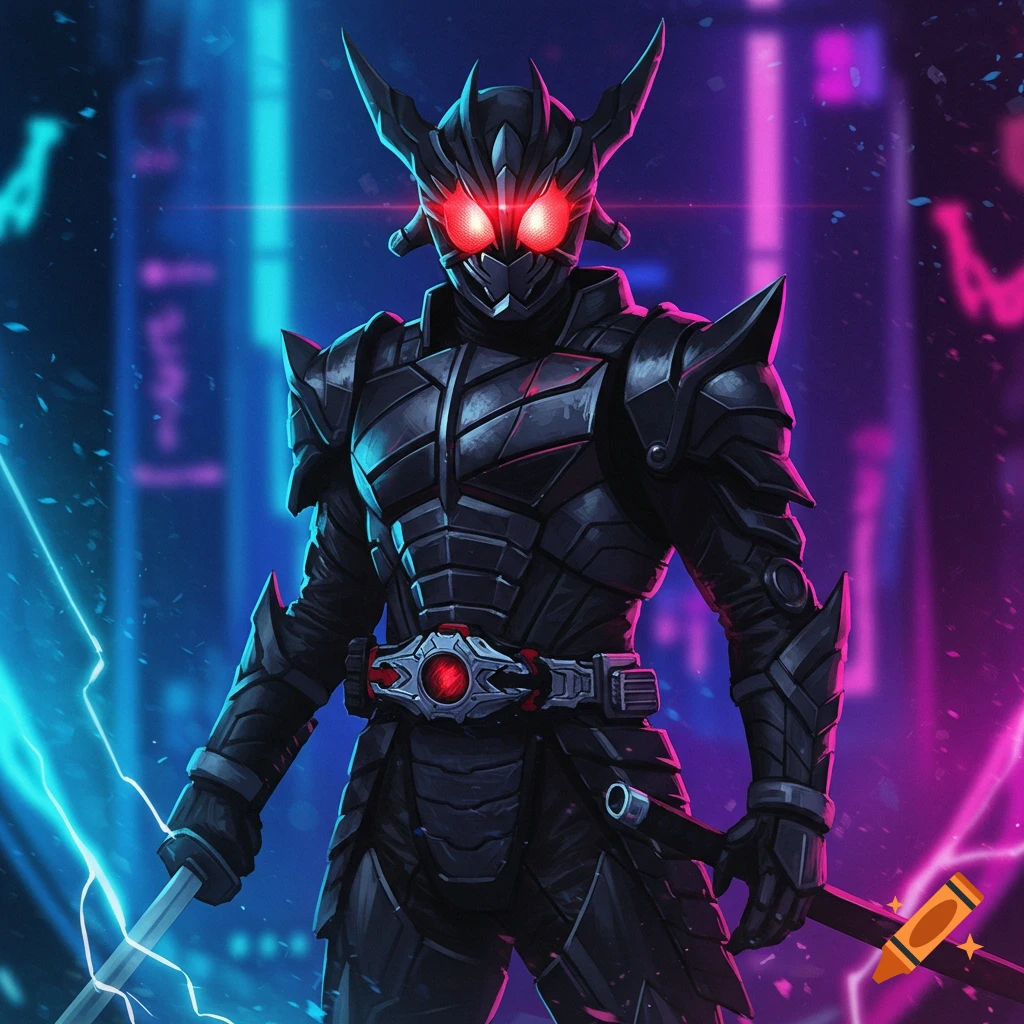 A dark armored figure with glowing red eyes and horns holds two swords against a neon city background.