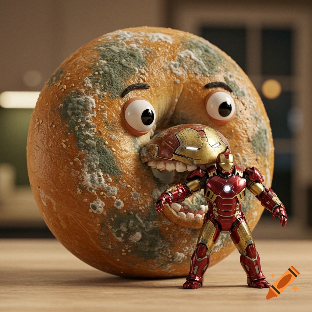 Photorealistic image of a moldy bagel character with googly eyes eating a small Iron Man action figure.