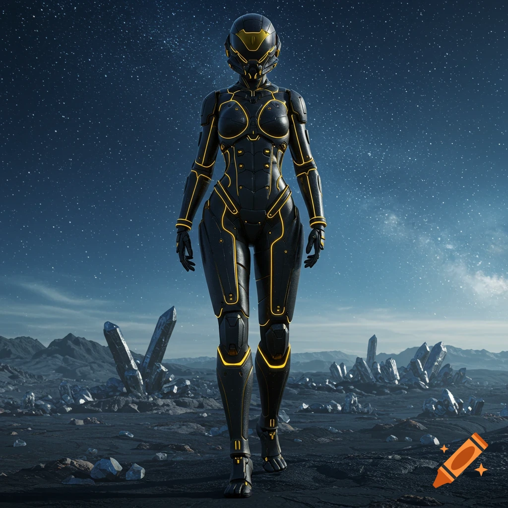 A futuristic black and gold tactical suit stands on a rocky alien planet under a star-filled sky.