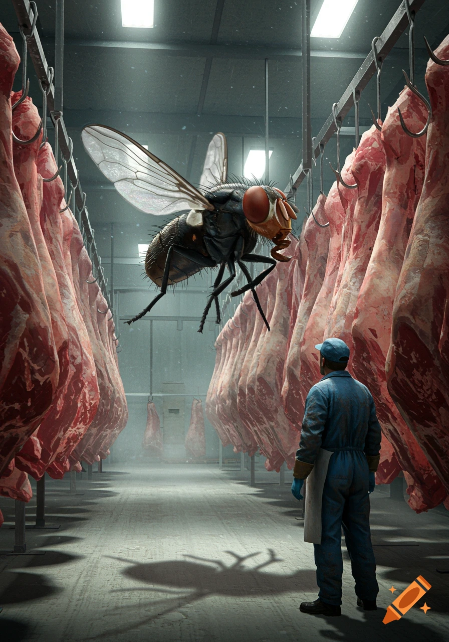 A giant housefly hovers over hanging meat carcasses in a warehouse, observed by a worker, in a photorealistic style.