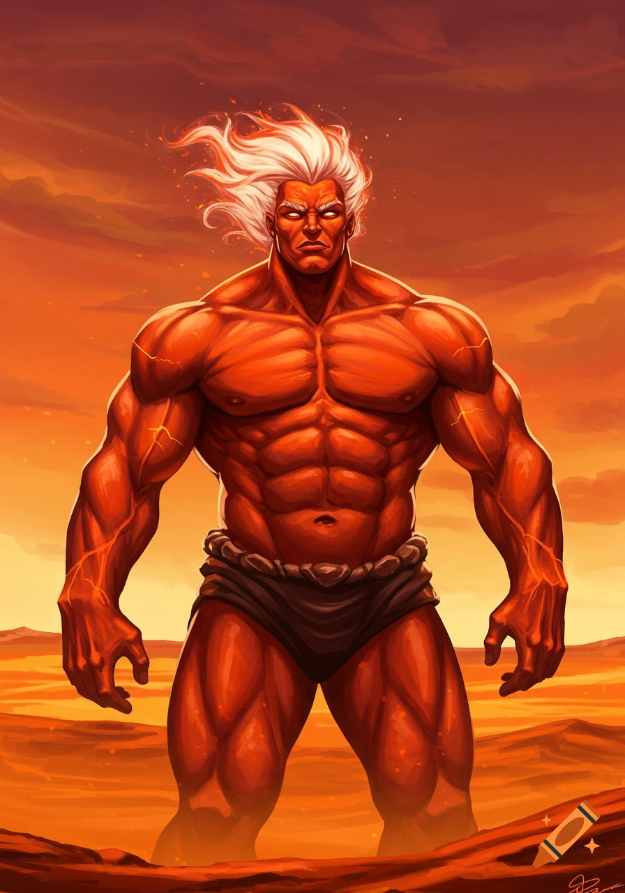 A powerful, muscular male figure with red skin and fiery white hair stands under an orange, cloudy sky, wearing dark shorts.