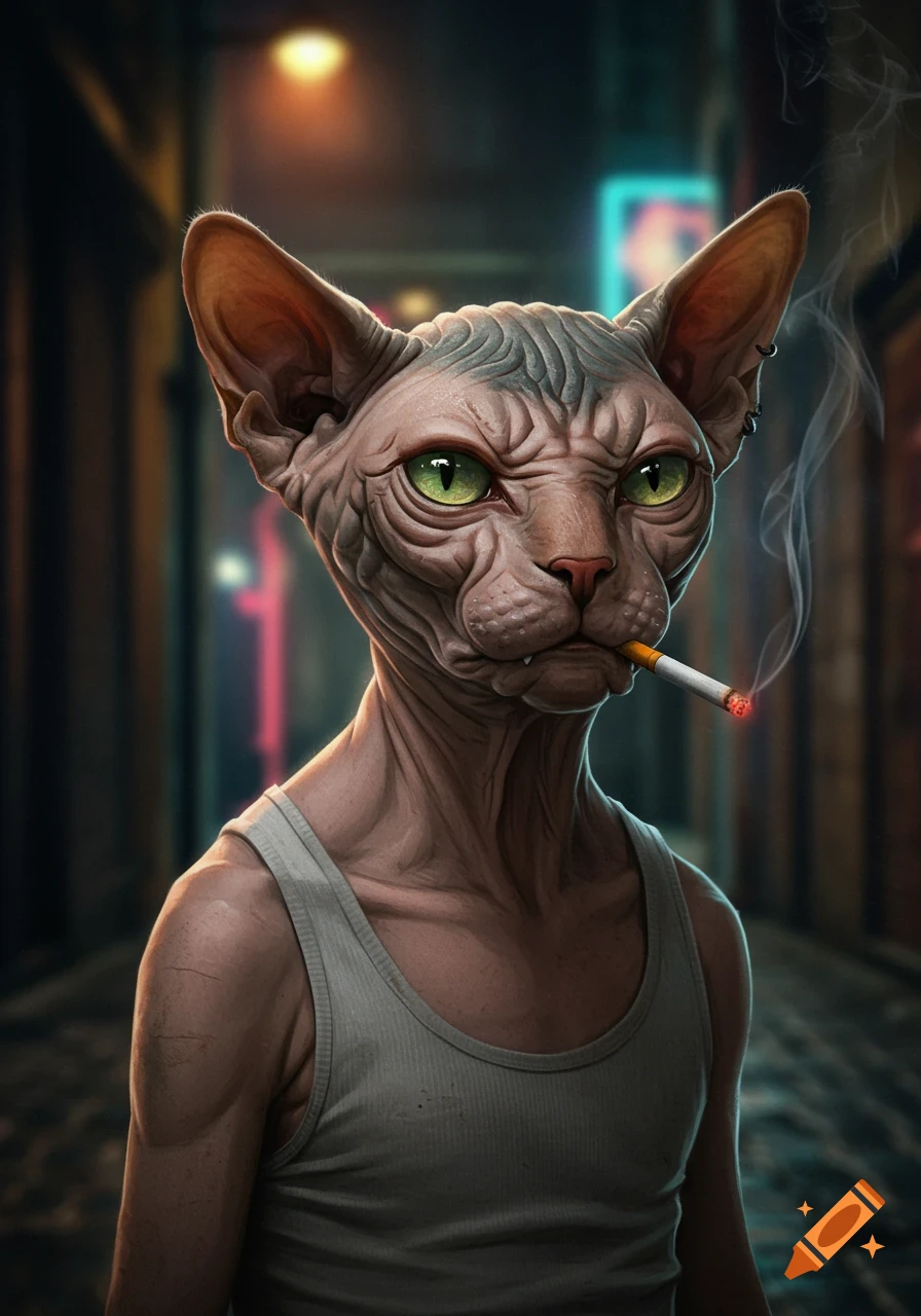 A photorealistic close-up of a Sphynx cat wearing a white tank top, smoking a cigarette in a dimly lit city alley.