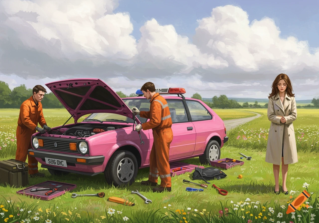 Two mechanics in orange overalls repair a broken-down pink car in a field, while a woman in a trench coat stands nearby. Painted style.