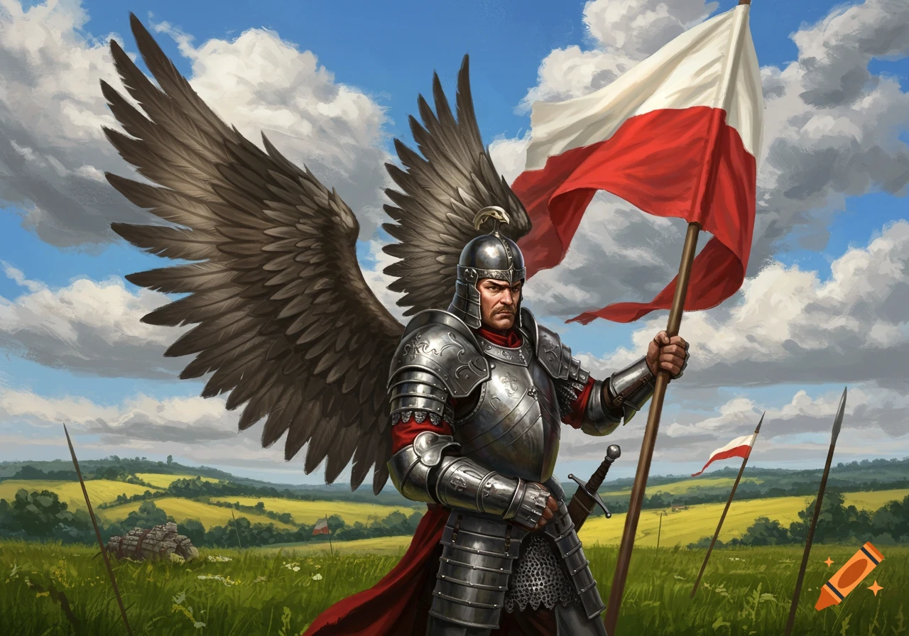 A winged hussar in detailed armor holds a Polish flag in a grassy field under a blue sky.