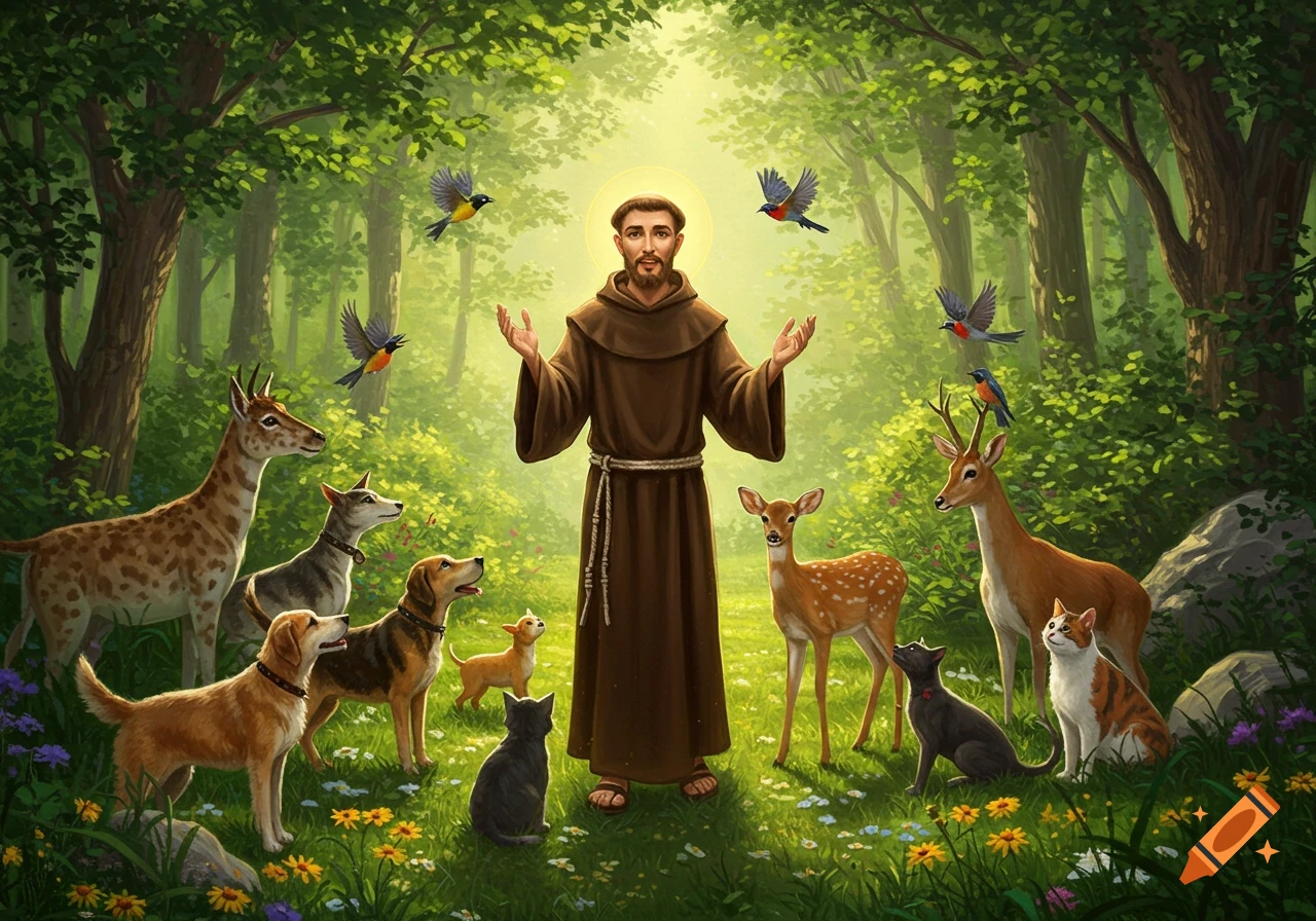 Saint Francis stands in a lush forest, surrounded by various animals including dogs, cats, deer, and birds, in a detailed illustrative style.