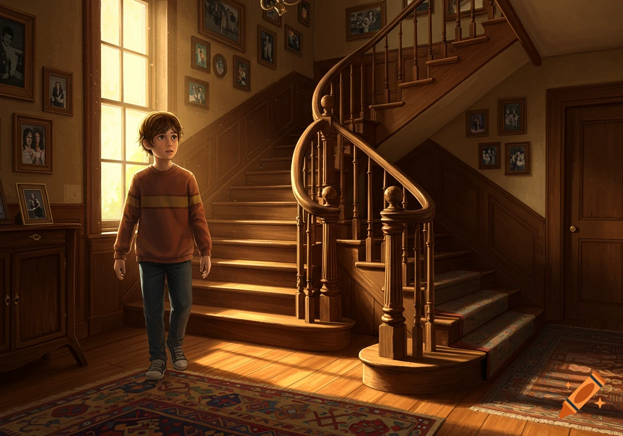 An illustrated young boy walks across a sunlit wooden floor in the entryway of a house with a large winding staircase and framed pictures.