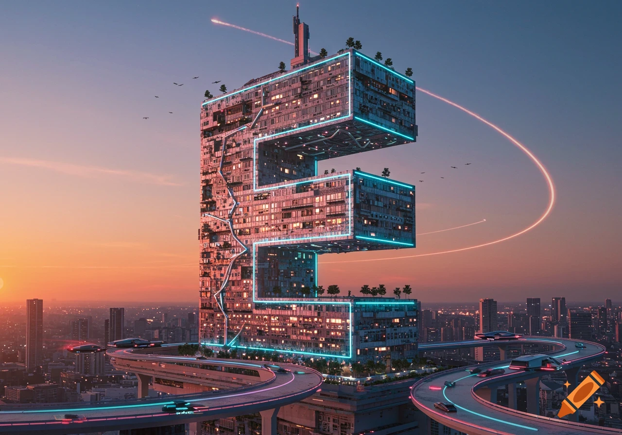 A futuristic building shaped like the letter E dominates a neon-lit cityscape with flying cars at sunset.