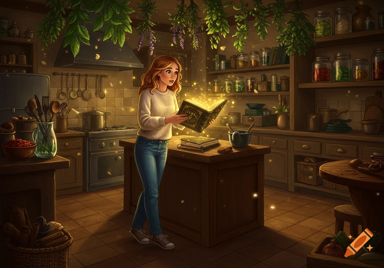 A young woman in a cozy, herb-filled kitchen reads a glowing magic book, with another book and potion ingredients on the table.