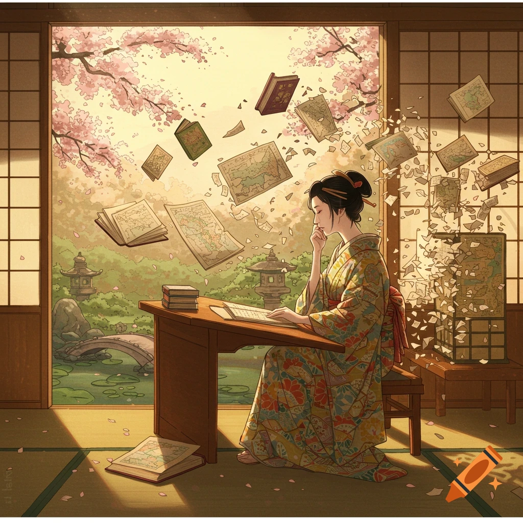 Wood block illustration of a Japanese woman writer at a desk with floating books and maps, overlooking a cherry blossom garden.