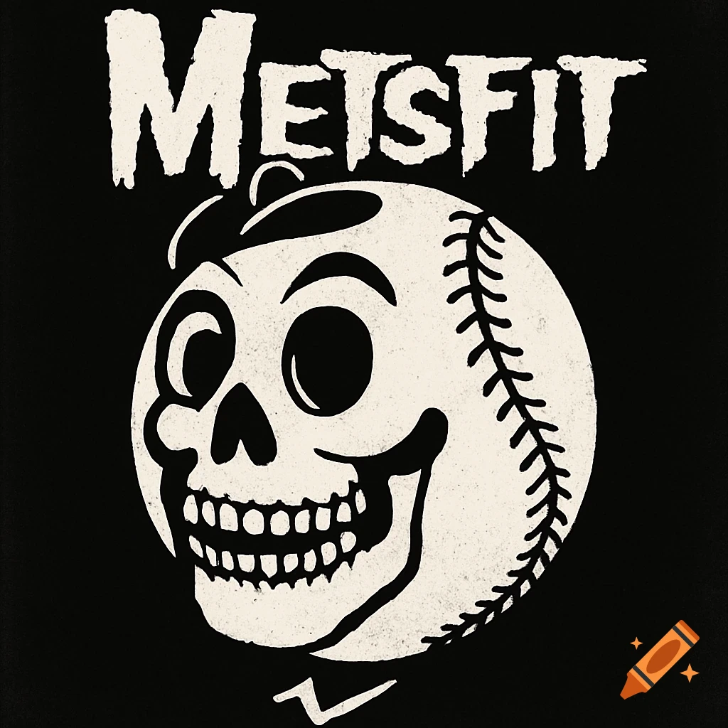 A stylized black and white logo featuring the word 'METSFIT' above a baseball with a skull face.