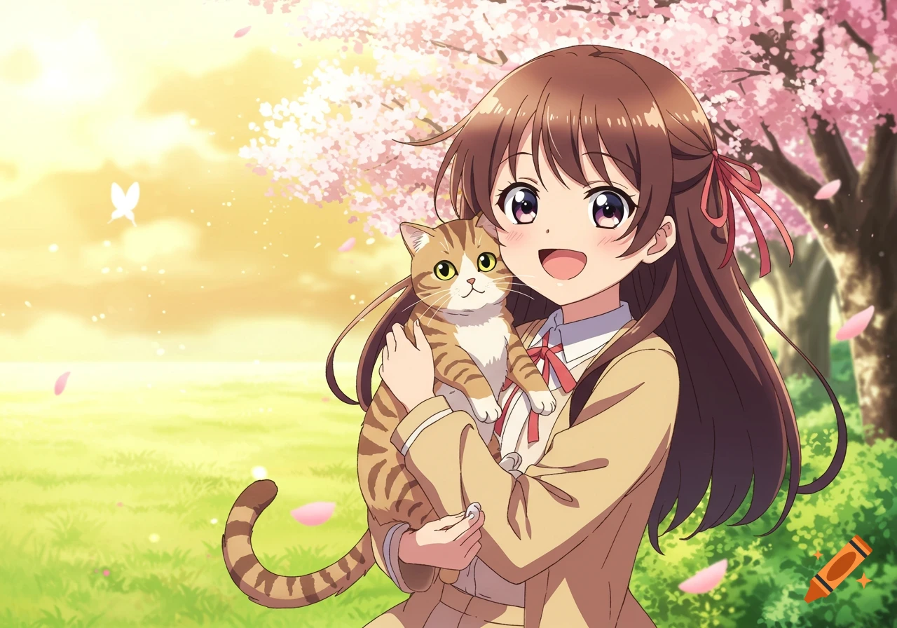 An anime girl with brown hair smiles, holding a tabby cat under a cherry blossom tree in a sunny field.