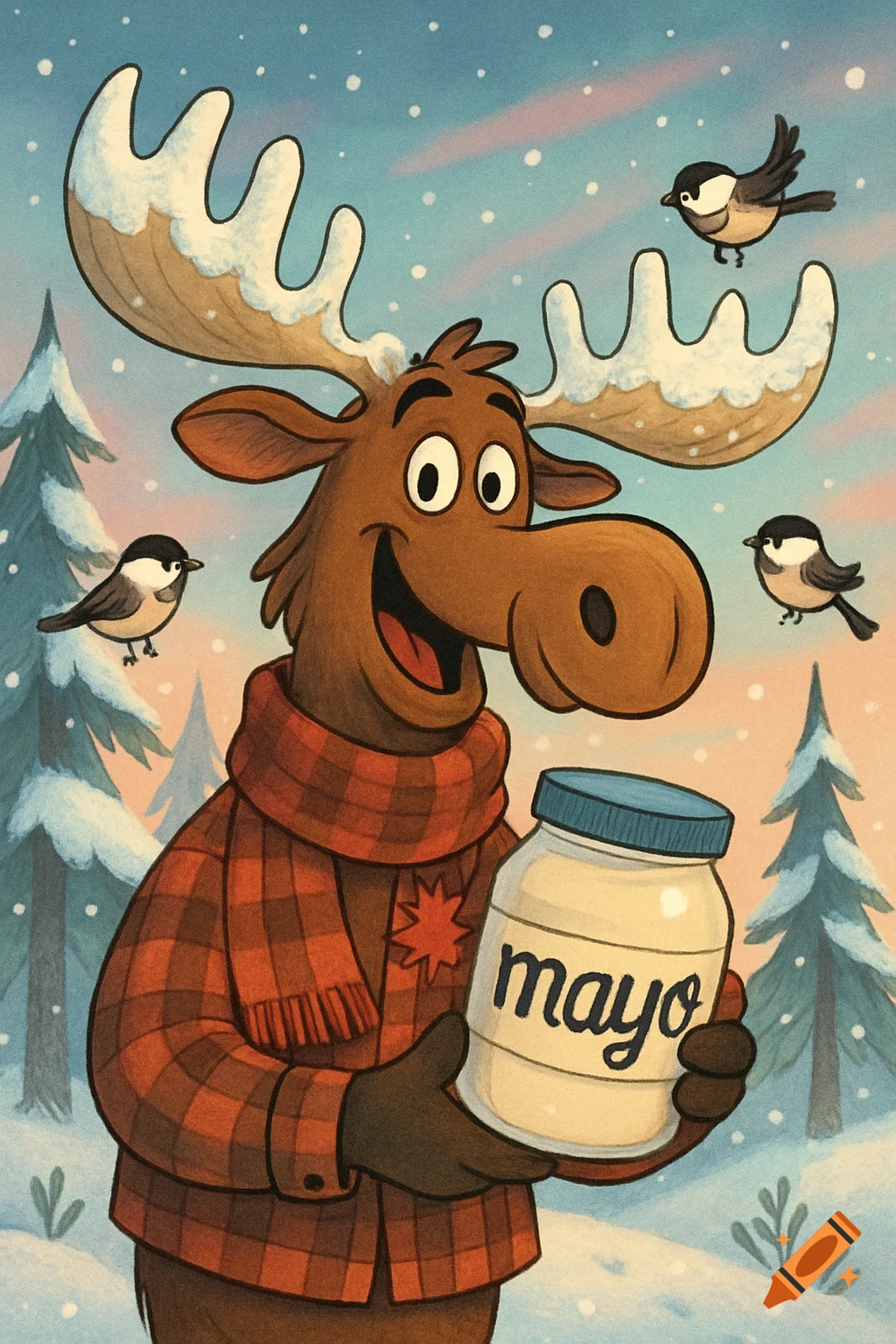 A happy cartoon moose wearing a plaid coat and scarf, holding a jar of mayonnaise in a snowy forest with chickadees.