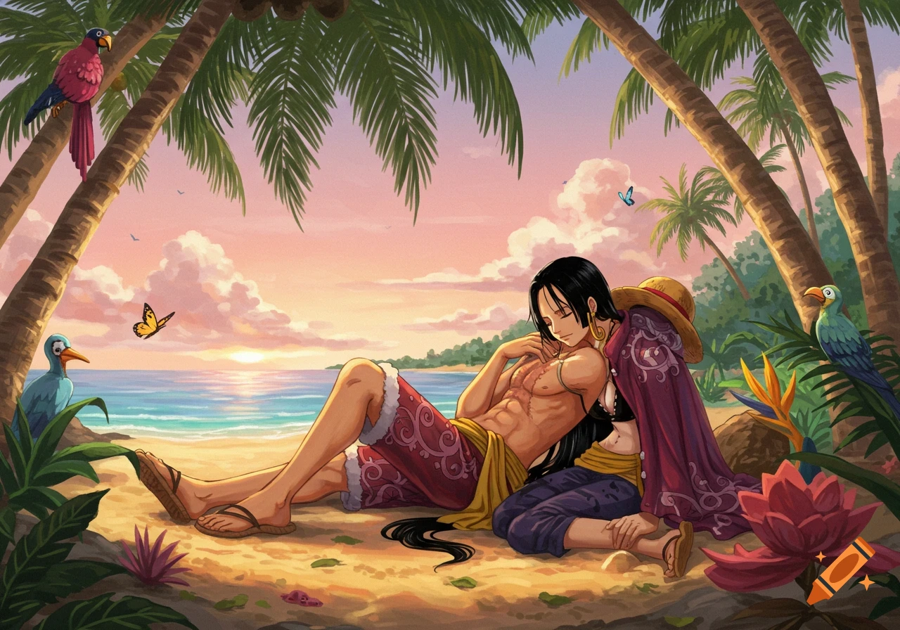 Anime characters Boa Hancock and Monkey D. Luffy cuddle on a tropical beach at sunset.