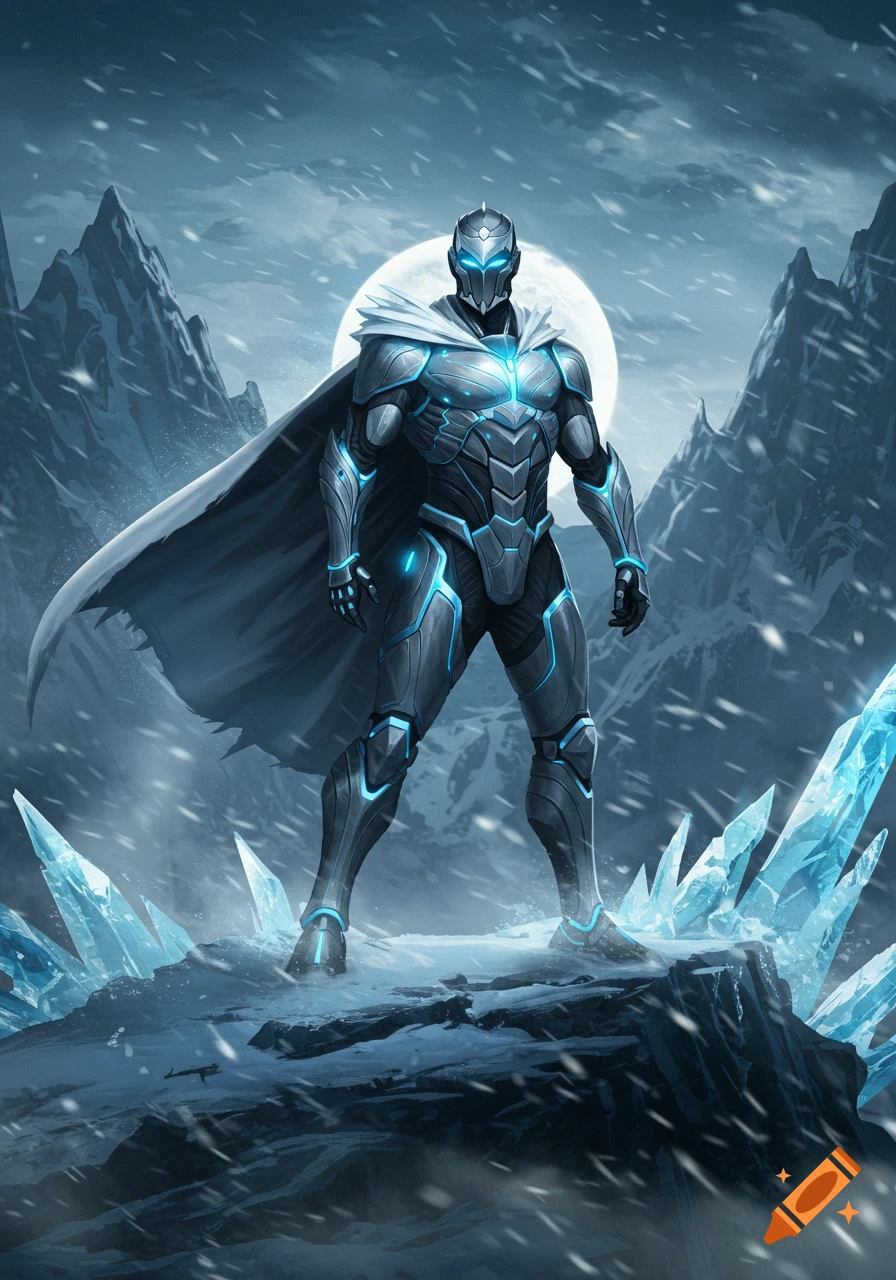 A futuristic armored warrior with blue glowing details and a white cape stands on an icy mountain under a full moon with snow falling.
