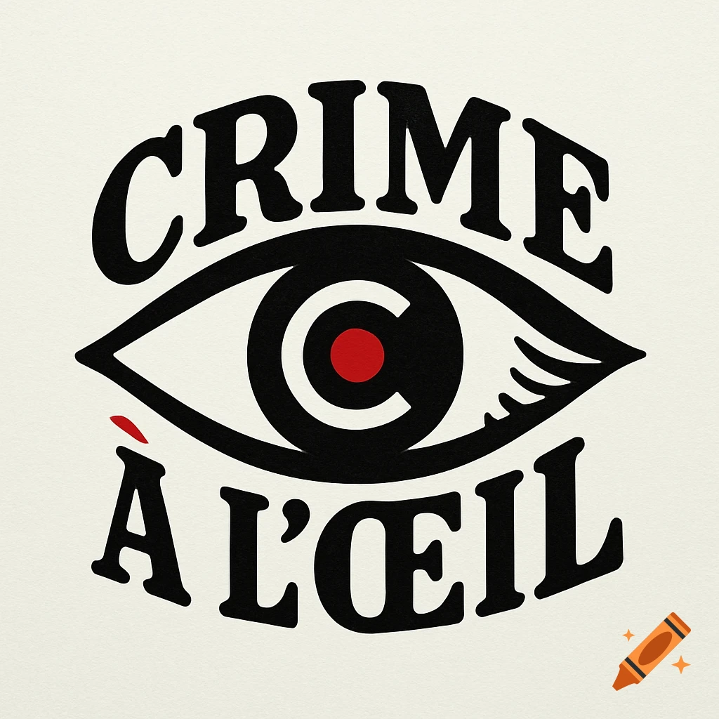 A black and white logo featuring a stylized eye made from the words 'CRIME À L'ŒIL', with a red pupil and a red teardrop.