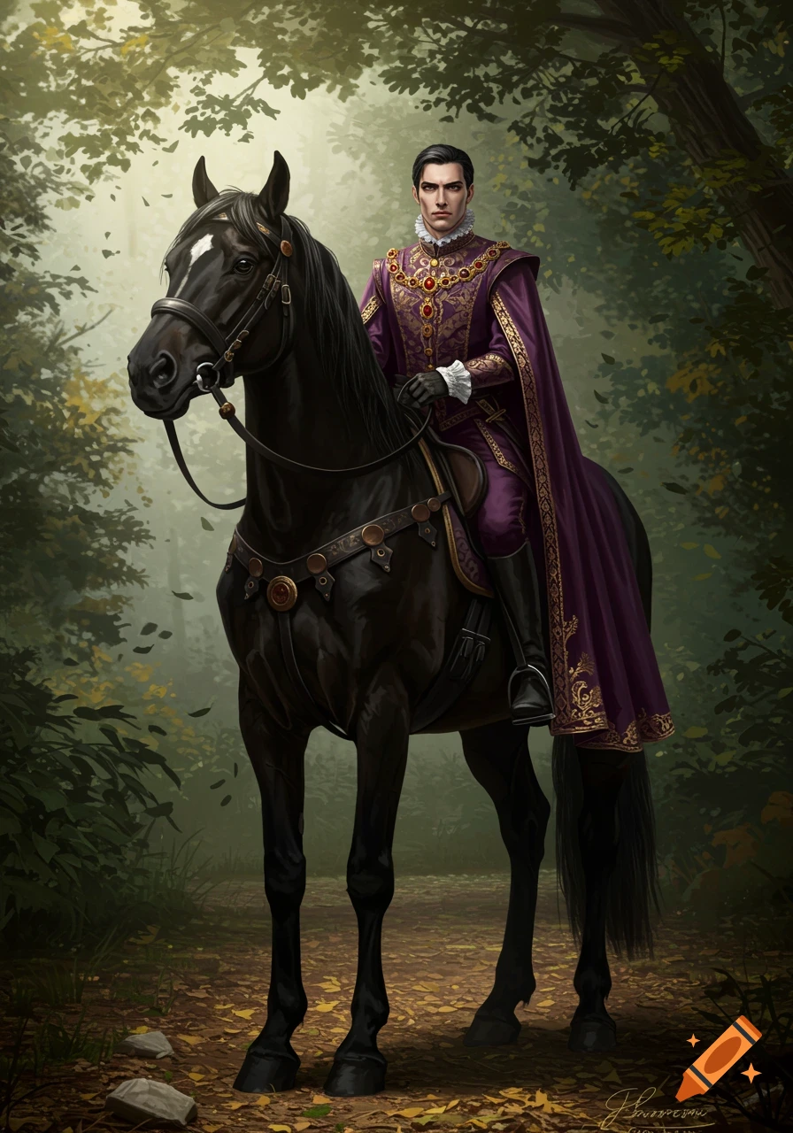 A renaissance-style royal man in a purple and gold outfit with a stern face rides a black stallion through a forest.