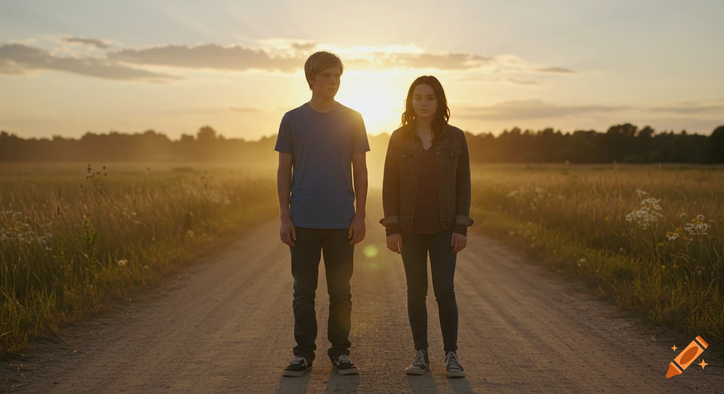 Two teenagers stand on a dirt road in a field at sunset, bathed in golden light.