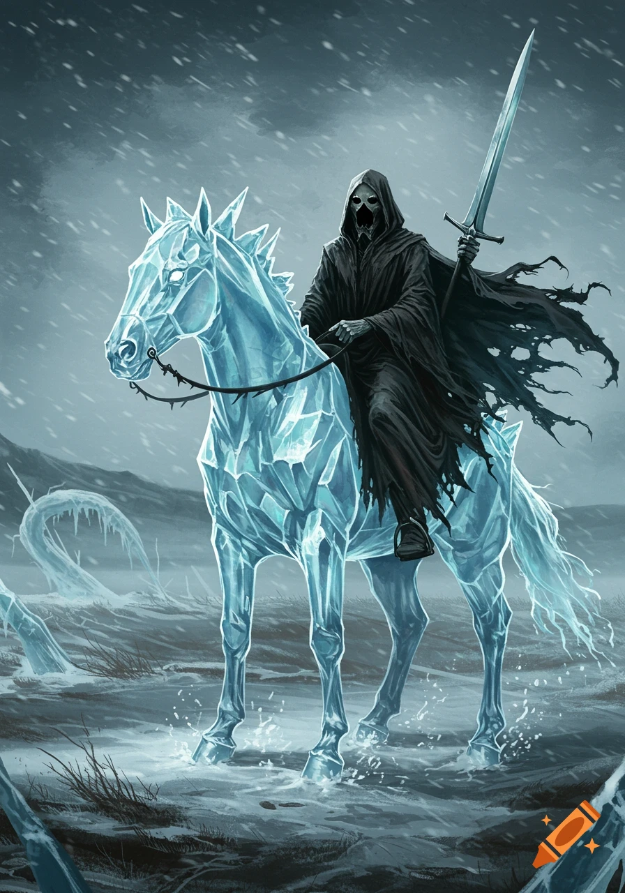A dark, cloaked figure resembling the Grim Reaper rides a horse made of shimmering ice in a desolate, snowy landscape, holding a long sword.