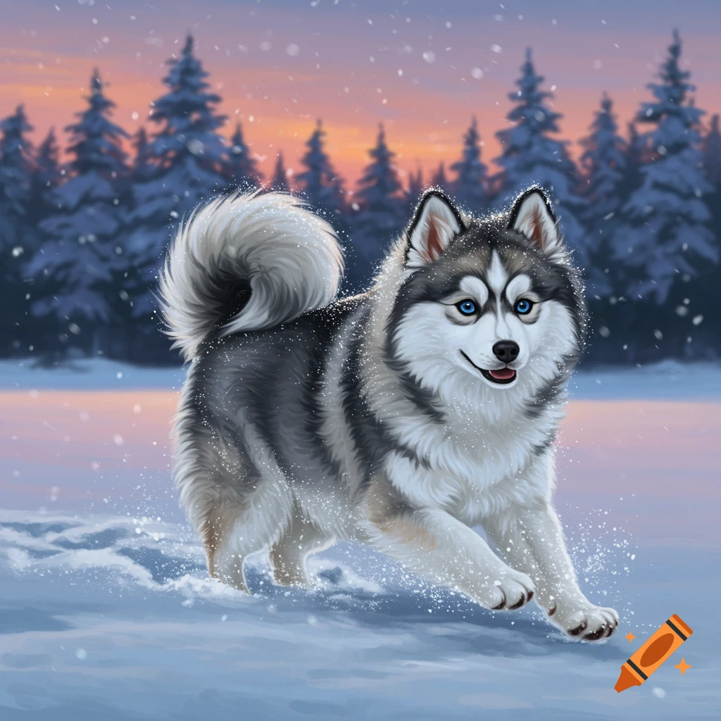 A cute Pomsky dog runs through fresh snow in a winter forest setting with a colorful sunset sky, digital art.