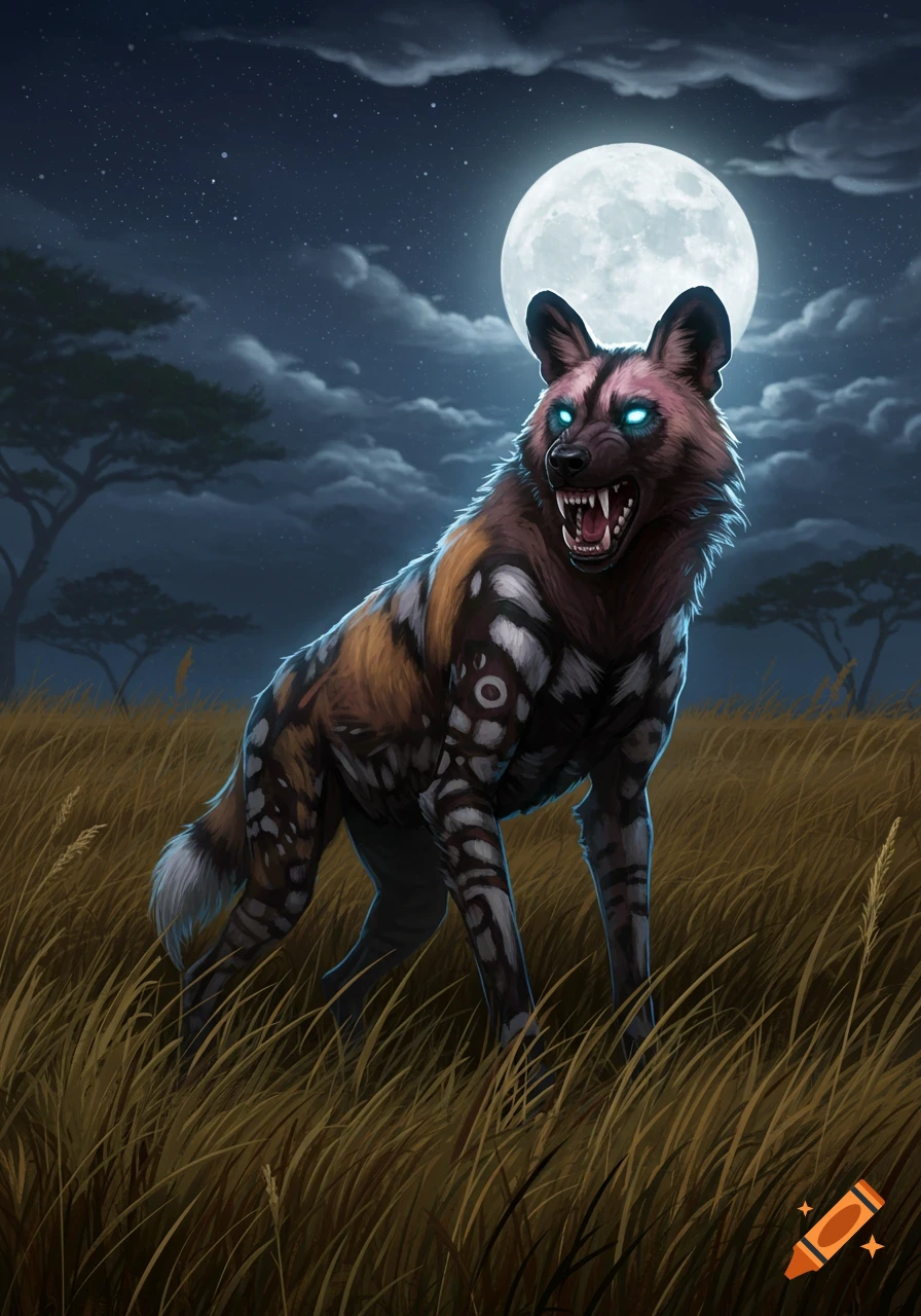 A stylized African painted dog with glowing blue eyes stands in tall grass under a full moon at night.