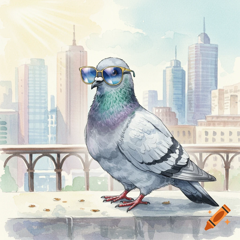 A pigeon wearing blue sunglasses stands on a ledge with a city skyline in the background, in watercolor style.