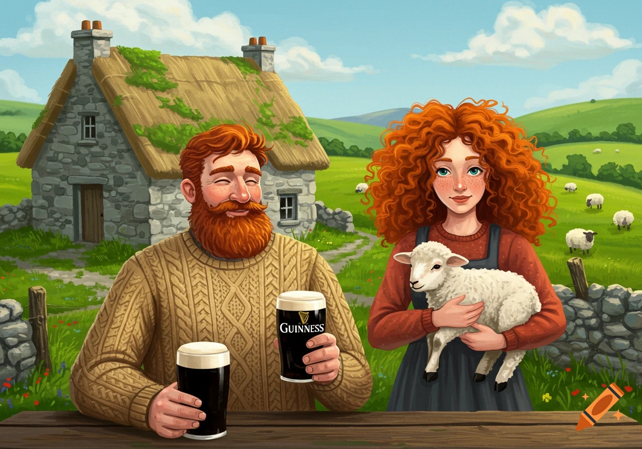 An Irish man with a red beard drinks Guinness while a red-haired woman holds a lamb in front of a cottage and green hills with sheep.