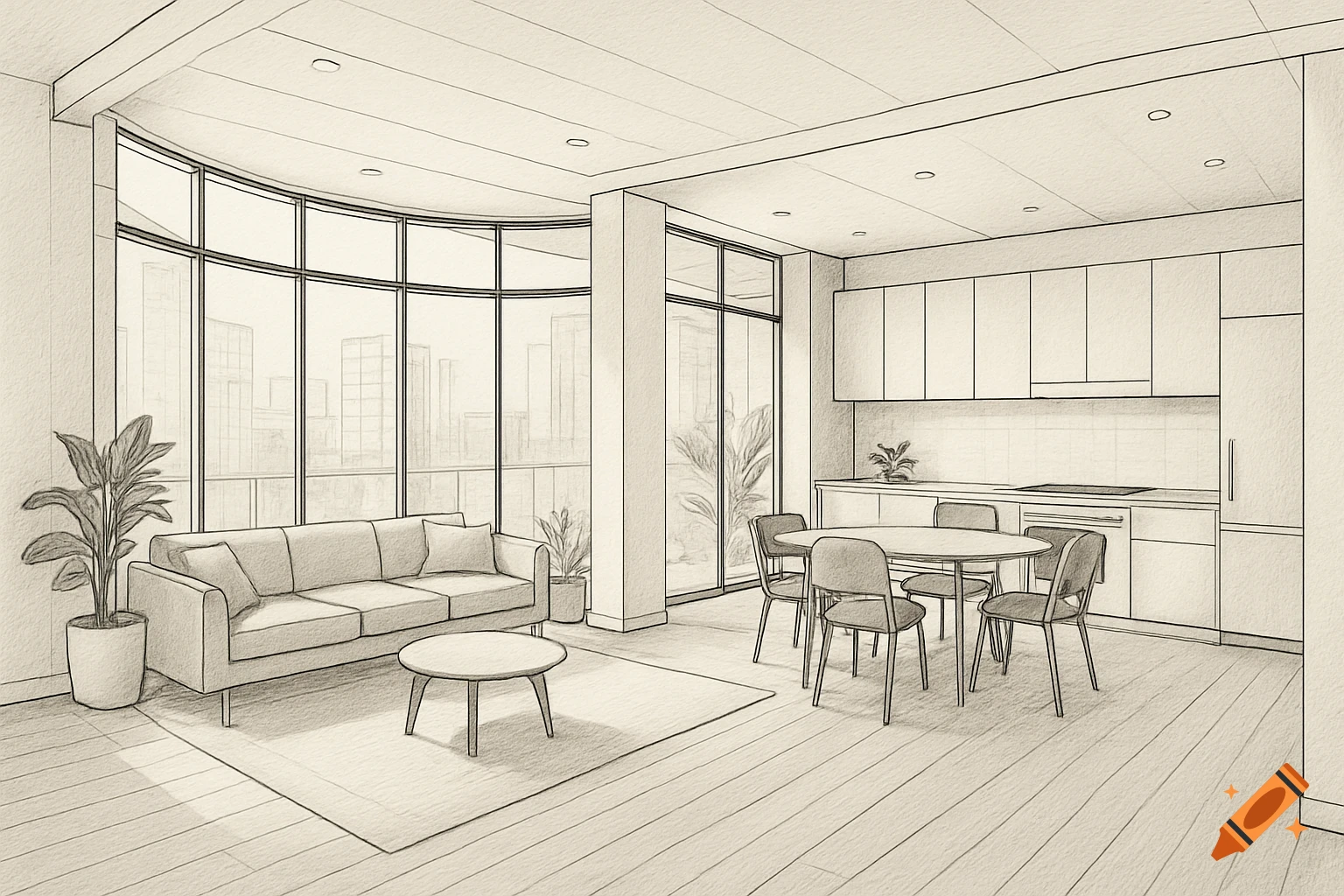 Sketch of an open-plan apartment living room and kitchen with large windows.