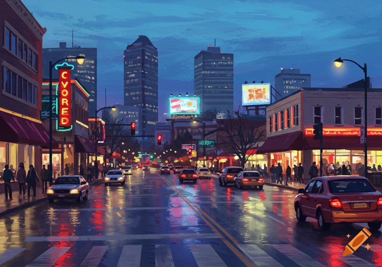 A wet city street at dusk with cars, storefronts, and neon signs reflecting on the pavement under a dark blue sky.