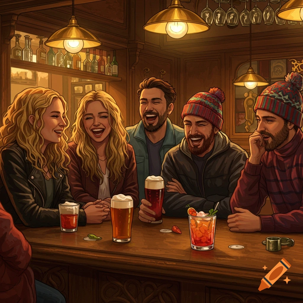 An illustration of five friends laughing and socializing around a wooden bar counter with drinks.