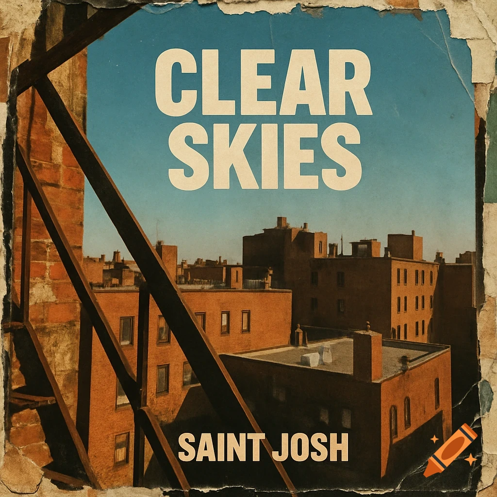 Urban collage of brown brick buildings under a clear blue sky, viewed from a fire escape. Text 'CLEAR SKIES' and 'SAINT JOSH'.