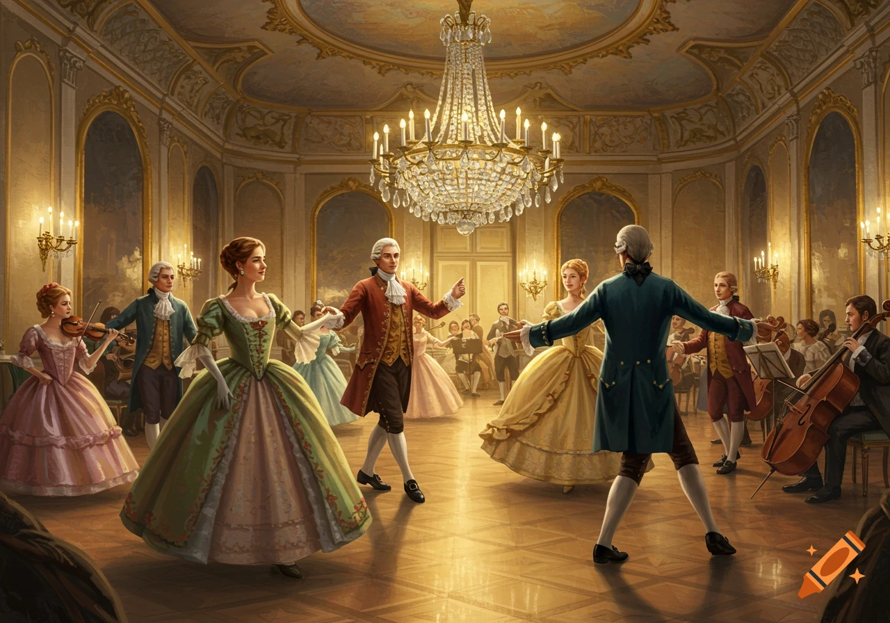 People in elaborate 18th-century clothing dance in a grand, candlelit ballroom with a large chandelier.