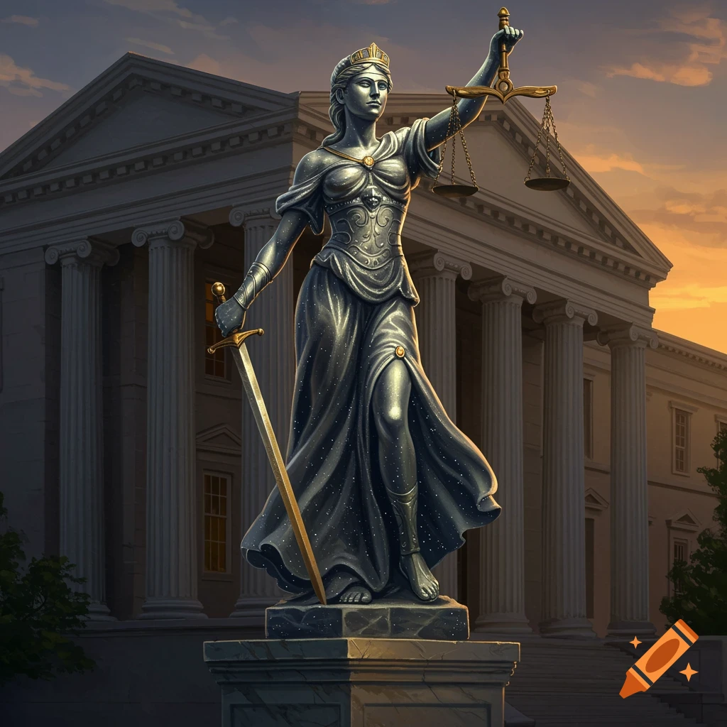 A majestic statue of Lady Justice holding scales and a sword, standing before a classical courthouse building at sunset.