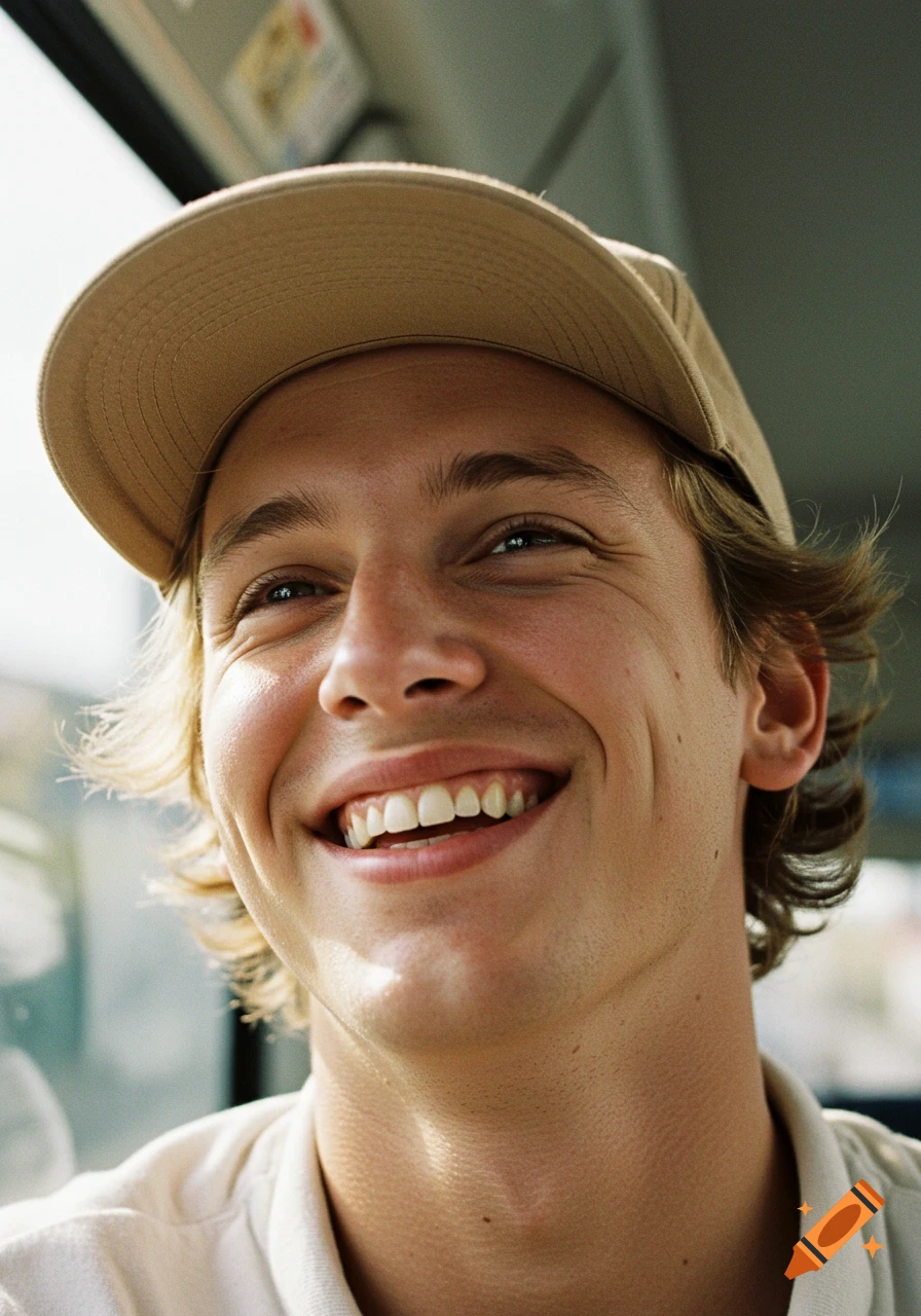 Close-up portrait of a smiling young man wearing a backward baseball cap, bathed in natural light.