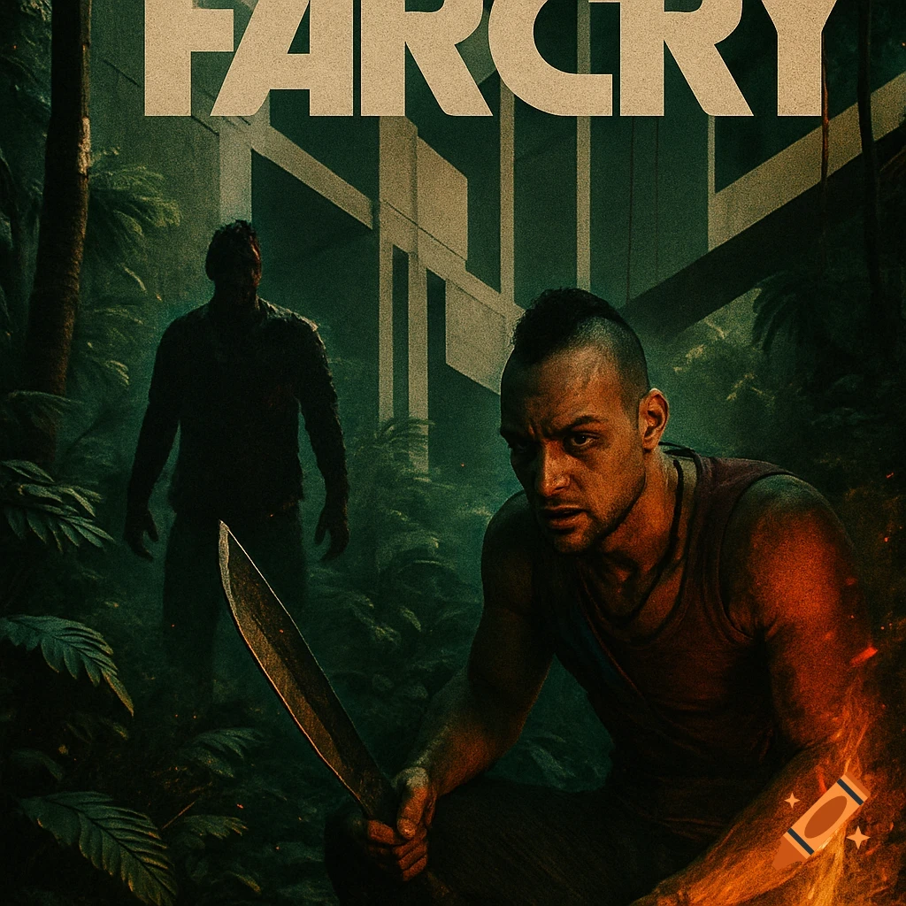 A man with a machete crouches in a dark jungle with brutalist architecture, firelight illuminating his face. The word FARCRY is at the top.
