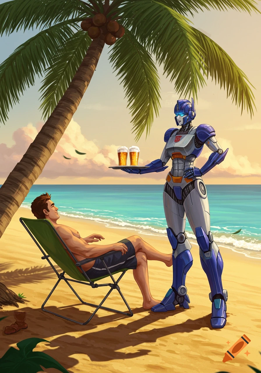 A female Optimus Prime robot serves beers to a man relaxing on a beach chair under a palm tree on a sunny beach.