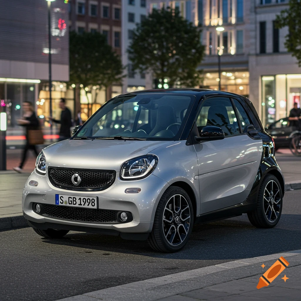 A silver and black Smart Fortwo car is parked on a city street at night, with blurred buildings and people in the background.