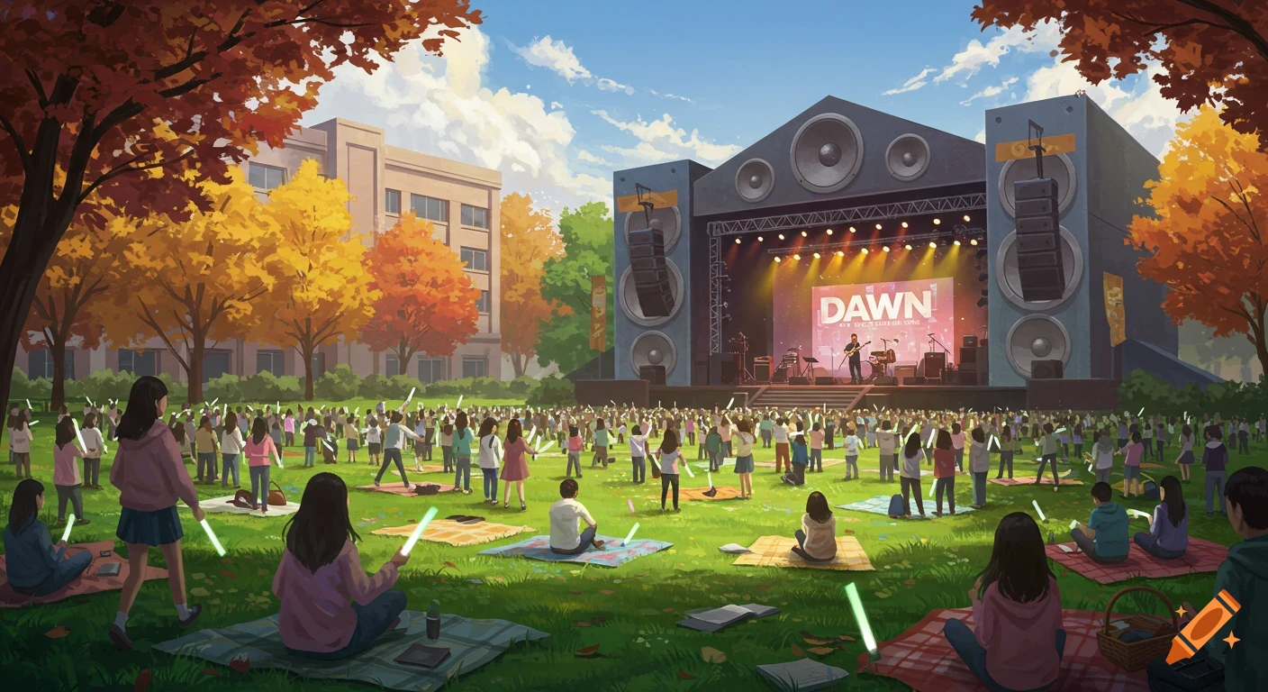 An outdoor music festival on a college campus in autumn, with a band on stage and students on a grassy lawn holding glowing light sticks.