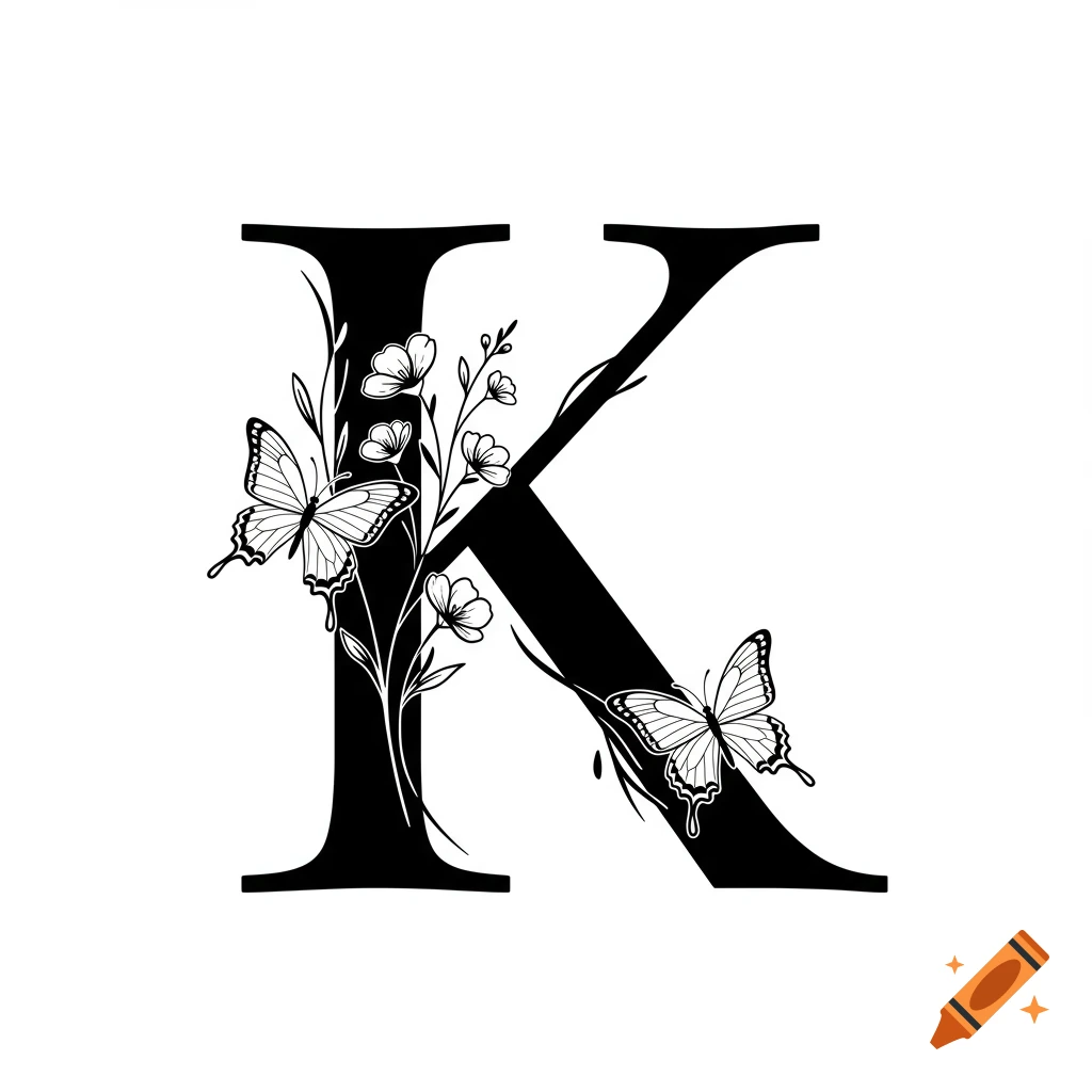 Black and white outline illustration of the letter K monogram, decorated with butterflies and spring flowers.
