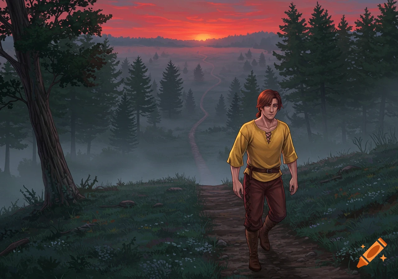 An illustration of a young man walking up a path through a misty forest at sunrise, wearing medieval clothes.