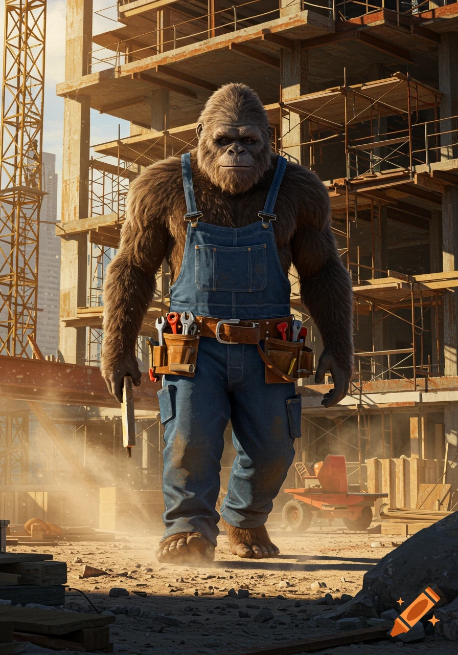 A photorealistic image of a Bigfoot-like creature wearing blue overalls and a tool belt, standing on a dusty construction site.