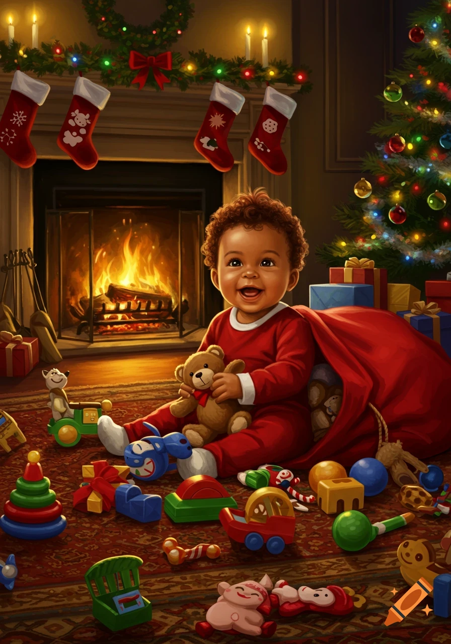 A smiling baby sits on a rug, surrounded by toys from a Santa sack, in front of a warm fireplace and Christmas tree.