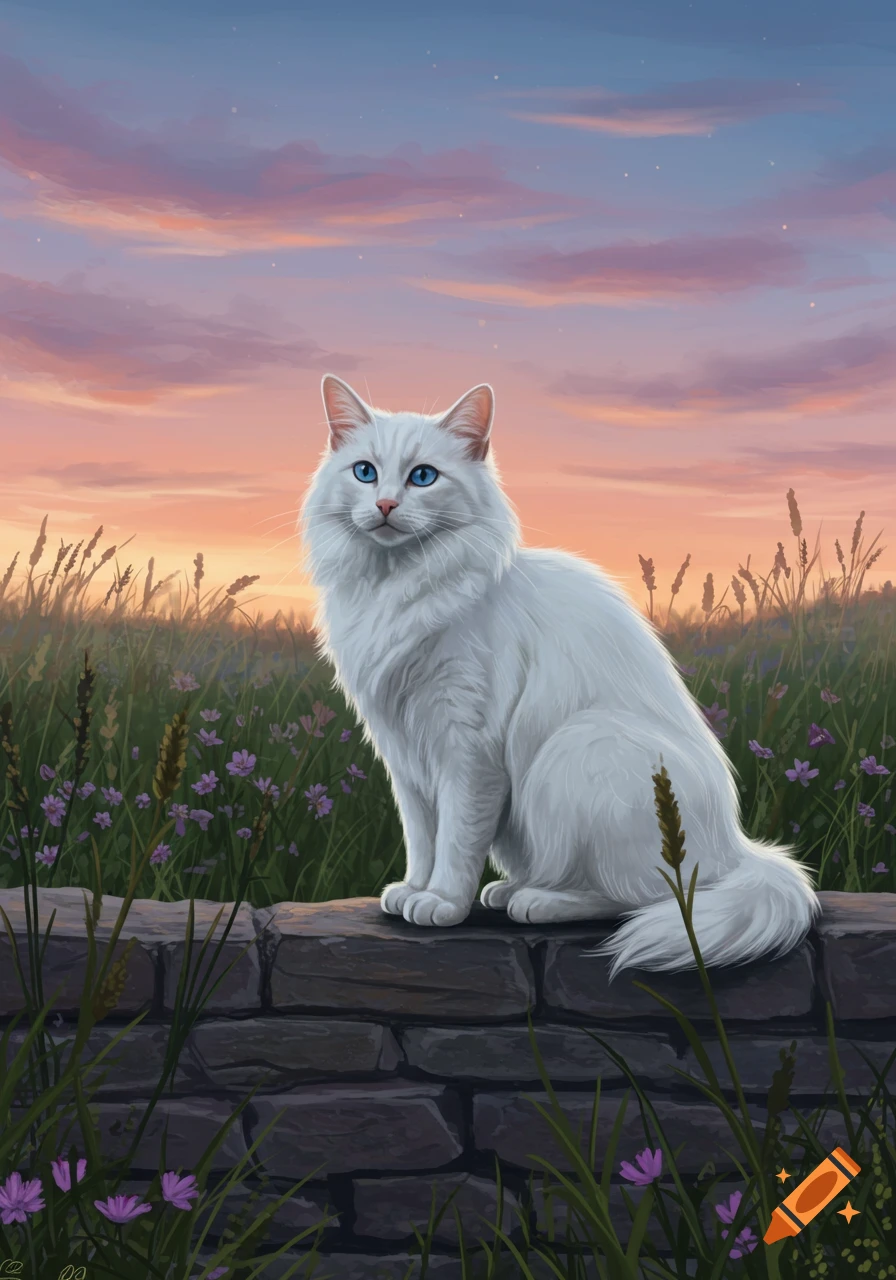 White cat with blue eyes sitting on a stone wall in a field at sunset, digital painting.